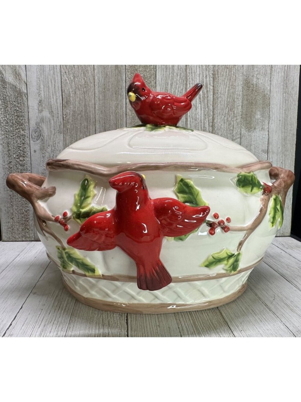 Vtg Cardinal & Berries Holly Serving Bowl Dish Holiday Decor Ceramic 11.5"x8"x9"